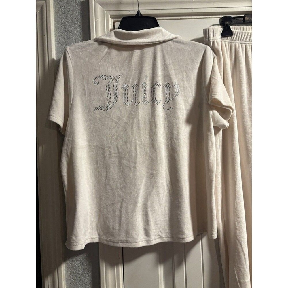 Juicy Couture Pajama Set Women Large Cream Velour Rhinestone 2pc Loungewear - Picture 7 of 10